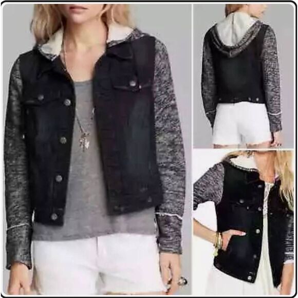 Free People Hooded Denim Jean Knit Distressed Size S - Picture 2 of 7